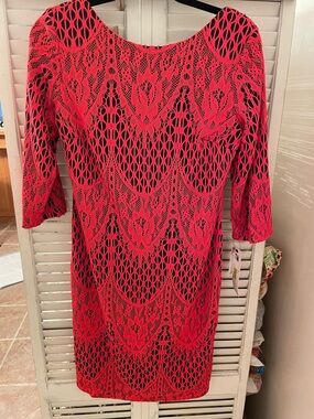 NWT Leslie Fay Red lace Sheath Dress over Navy lining Size 6  Patriotic Holiday
